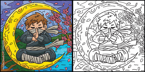 Ninja and Crescent Moon Coloring Page Illustration