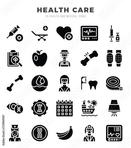 HEALTH CARE Icons Pack. Glyph icons set. Glyph icon collection set. Simple vector icons.