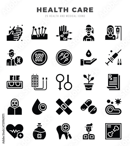 HEALTH CARE Glyph icons collection. 25 icon set. Vector illustration. photo