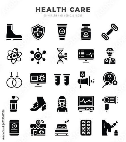 HEALTH CARE Icons Pack Glyph Style. Vector illustration.