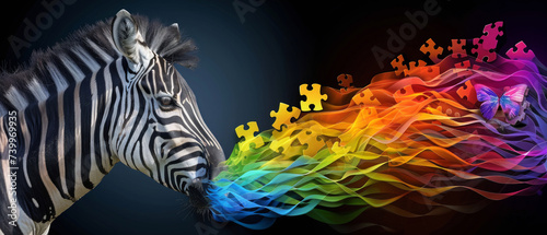 Concept of zebra for HPI. Zebra looking at colorful brain  puzzle pieces. Highly Potent Individuals  intelligence  sensitivity  uniqueness of personality. Challenge of diversity. Modern psychology.