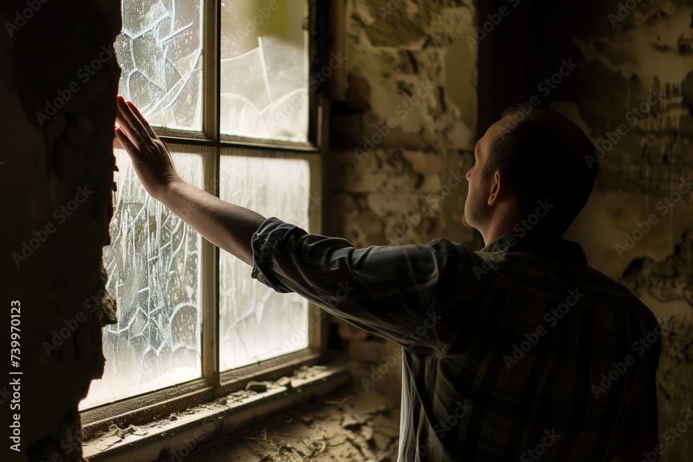 man in the chamber reaching out to touch the interior window man in the chamber reaching out to touch the interior window