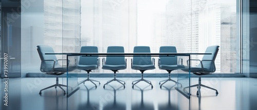Front view of empty modern conference room with office table and chairs with white wall in glass room