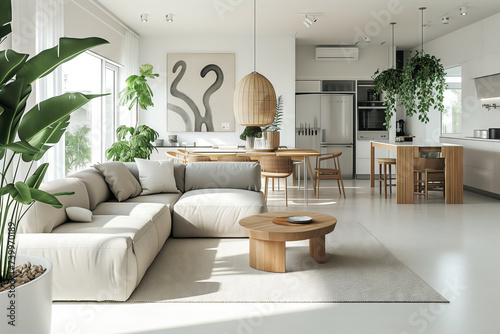 Airy Scandinavian Home with Lush Greenery. Spacious Scandinavian interior with natural light  modern kitchen  and vibrant houseplants.