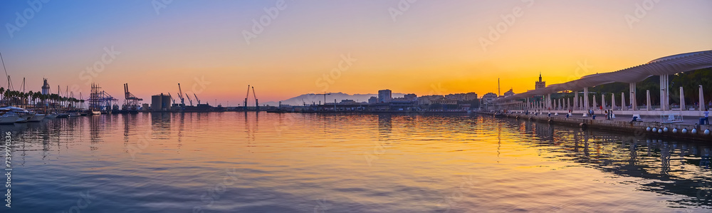Panorama of Malaga Port on sunset, Spain
