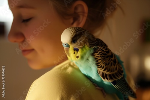 girl with a budgie on her shoulder at home