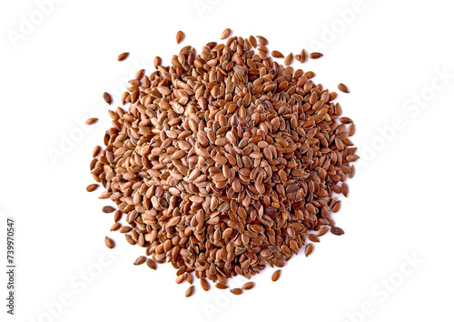 Heap of Organic Whole Brown Flax Seeds. Top View. Isolated on White Background. 