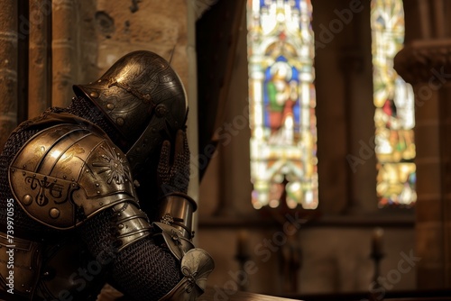 knight in prayer, castle chapel with stained glass in the frame