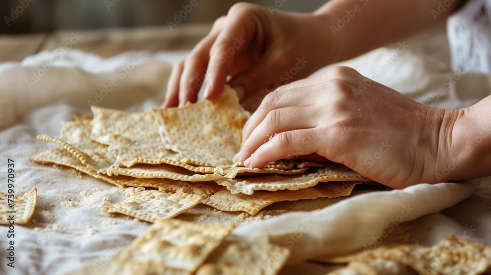 hands breaking matzah, an important part of the Passover Seder, where the 'afikoman' is traditionally broken, hidden, and then found or ransomed by children. hands breaking matzah, an important part of the Passover Seder, where the 'afikoman' is traditionally broken, hidden, and then found or ransomed by children.