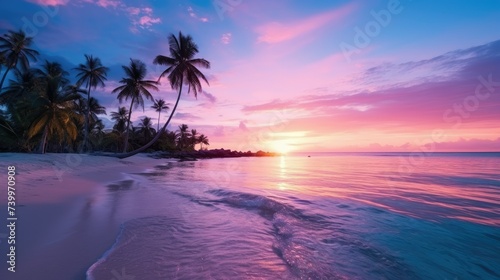A White Island in the Pacific  A Dream of Palm Trees  Sunset  and Purple Sky