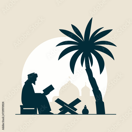 Ramadan Reverie: Silhouetted Man Engaged in Quranic Reflection Amidst Palm Shadows, Mosque Backdrop. A Serene Tribute to Spiritual Contemplation in Ramadan.