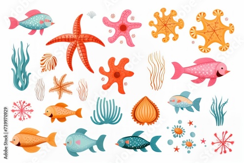 Sea animals, doodle cartoon set with hand drawn sea life elements, illustration. © Alexandr
