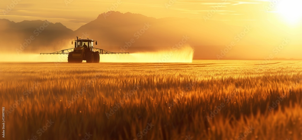 Fototapeta premium picturesque scene of agricultural activity: a sprayer working on a golden wheat field during a misty sunrise or sunset.