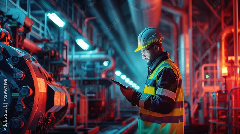 industrial worker in a reflective vest and helmet working with a tablet in a factory with sophisticated equipment industrial worker in a reflective vest and helmet working with a tablet in a factory with sophisticated equipment