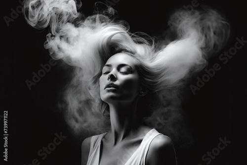 With her eyes closed and her hair blending with the mist, a stunning model girl with an exquisite hairstyle and makeup exudes happiness. photo