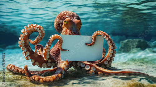 Cute pink octopus 3d cartoon with blank sign in his tentacles underwater