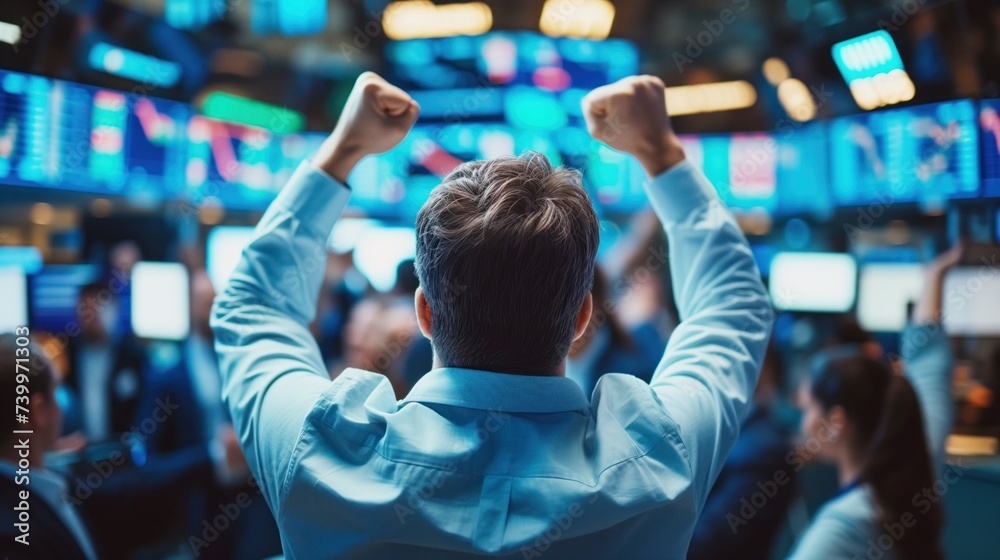 man on a stock exchange floor raising his fists in a victory gesture, surrounded by screens of market data, implying success or a positive outcome in a financial context. man on a stock exchange floor raising his fists in a victory gesture, surrounded by screens of market data, implying success or a positive outcome in a financial context.