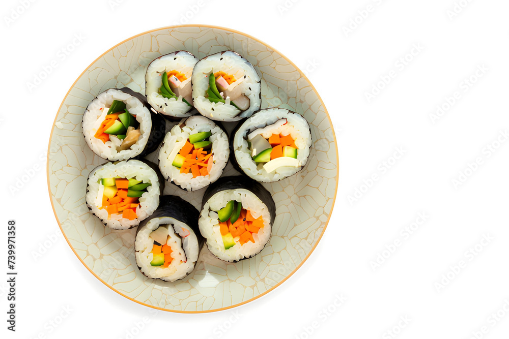 Gimbap served on a plate isolated on white background
Gimbap served on a plate isolated on white background