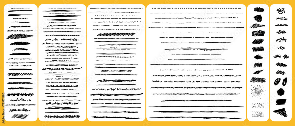Fototapeta premium Set of pencil, marker lines, strokes, spots, textures. Hand drawn brushes set. 