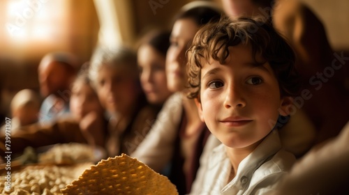 portrait of a young boy holding matzah with a group of people in soft focus in the background, likely representing a family gathering for a Passover Seder.