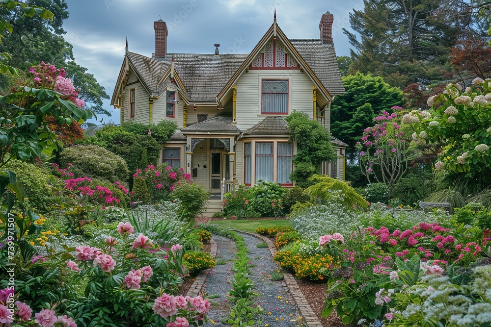 A classic Victorian house surrounded by a lush garden, showcasing the charm and detail of historical architecture.

