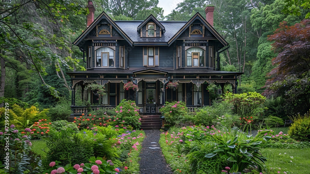 A classic Victorian house surrounded by a lush garden, showcasing the charm and detail of historical architecture.

