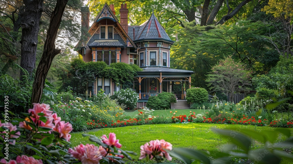 Fototapeta premium A classic Victorian house surrounded by a lush garden, showcasing the charm and detail of historical architecture.