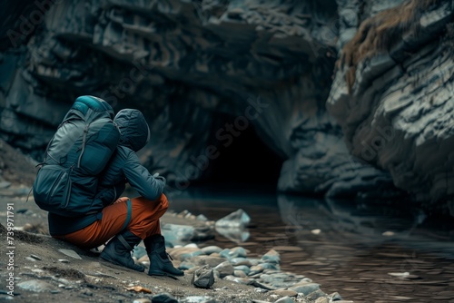 solo trekker contemplating by a hidden cave entrance