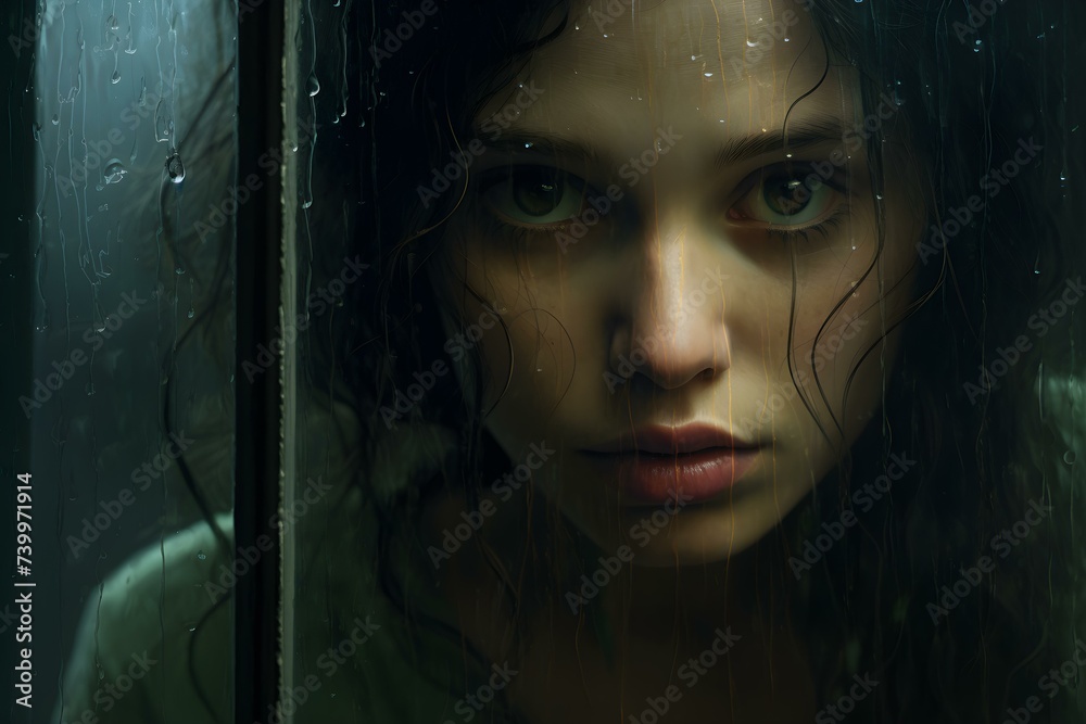 Melancholic Girl with Emerald Eyes Gazing Out Through Rainstreaked Window. Concept Portrait Photography, Emotional Expression, Rainy Day Aesthetics, Intense Gaze, Sultry Mood