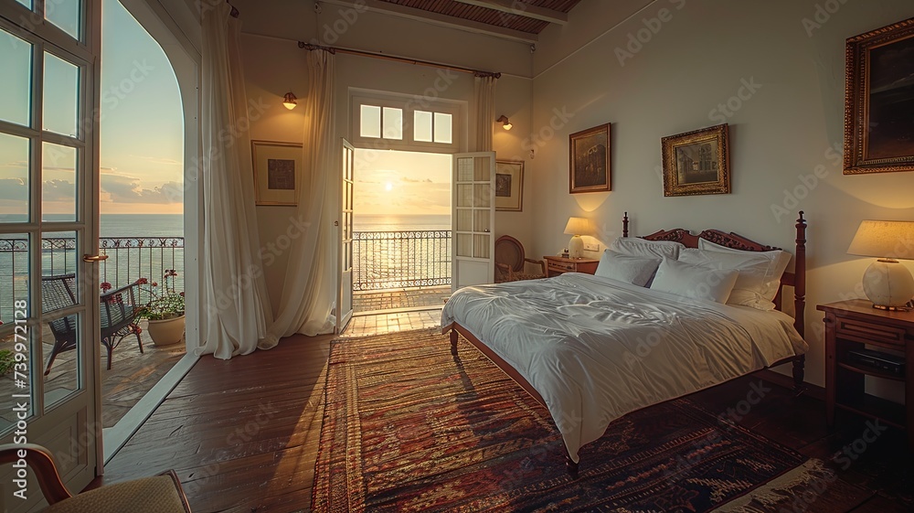 A spacious master bedroom with a balcony overlooking the sea, offering a serene and romantic setting.

