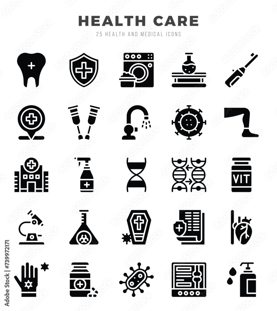 HEALTH CARE. Glyph icons Pack. vector illustration. - obrazy, fototapety, plakaty 