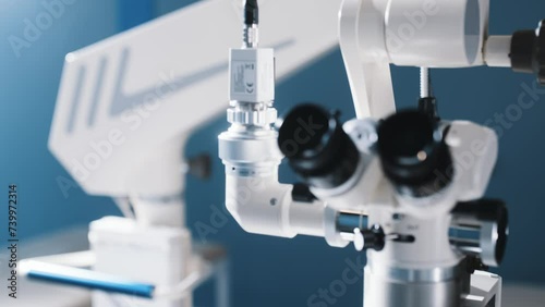 Surgical microscope in the operating room of a modern ophthalmology clinic with high-quality equipment. Vision correction, cataract treatment. photo
