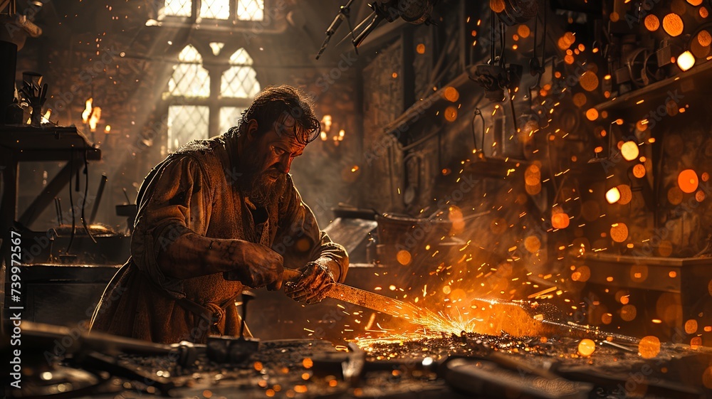 Classic Blacksmith at Work in Traditional Forge

