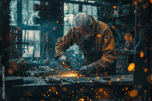 Classic Blacksmith at Work in Traditional Forge