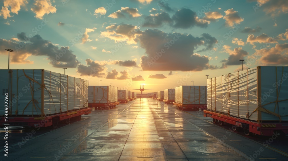 Sunset View of Air Cargo Containers Ready for Loading at Airport