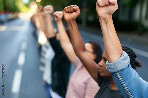 line of diverse fists raised on street