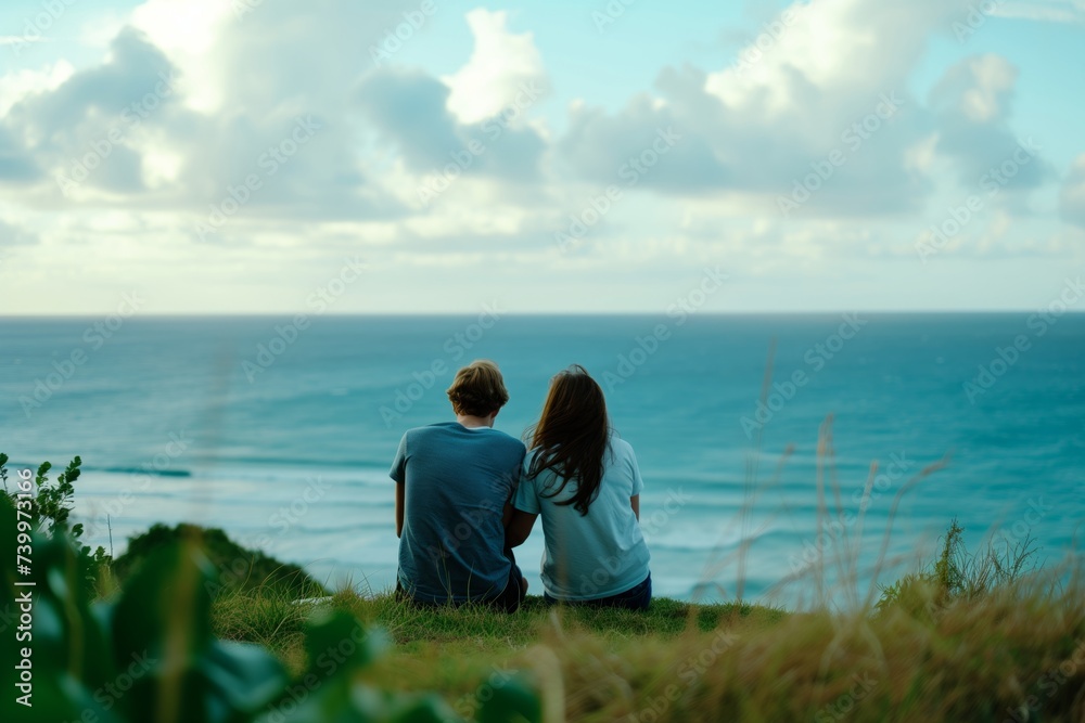 couple sitting, with a panoramic ocean horizon merge