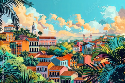 A vibrant flat digital illustration of Salvador, Bahia, showcasing colorful colonial architecture, Afro-Brazilian heritage, and scenic beauty.

 photo