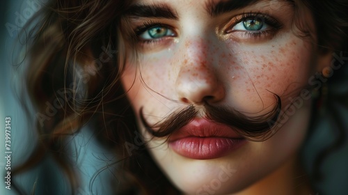close up of a beautiful woman model with mustache and make up photo