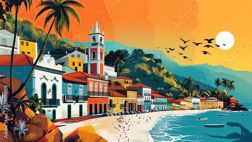 A vibrant flat digital illustration of Salvador, Bahia, showcasing colorful colonial architecture, Afro-Brazilian heritage, and scenic beauty.