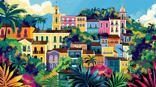 A vibrant flat digital illustration of Salvador, Bahia, showcasing colorful colonial architecture, Afro-Brazilian heritage, and scenic beauty.

 photo