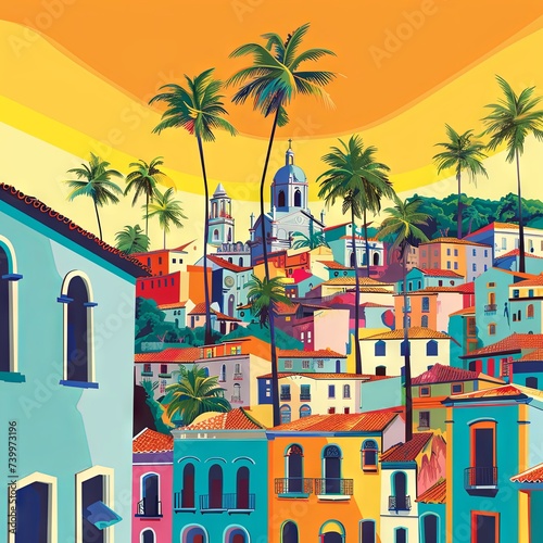 A vibrant flat digital illustration of Salvador  Bahia  showcasing colorful colonial architecture  Afro-Brazilian heritage  and scenic beauty.  