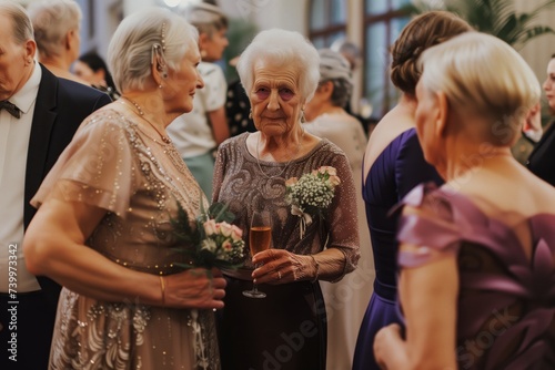 elderly women in elegant dresses with corsages at a gala