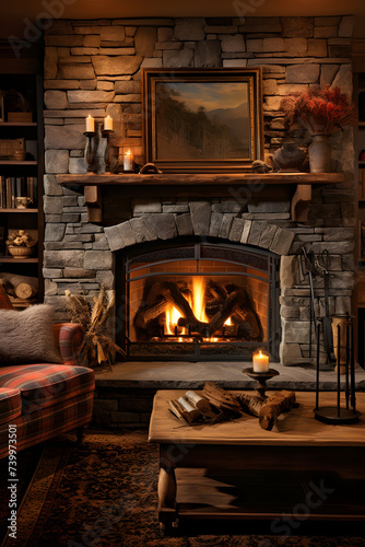 Warm Scenes of Homely Comfort: Dancing Flames in an Elegantly Crafted Stone Fireplace