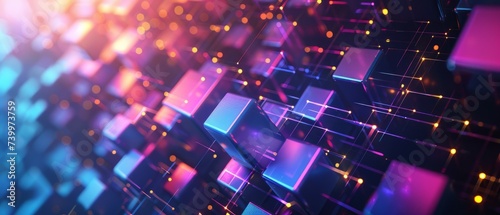 Futuristic technology abstract background with lines and cubes, big data, data center, server, internet, speed. Fantastic wallpaper abstract neon lights into digital technology. Generative ai photo