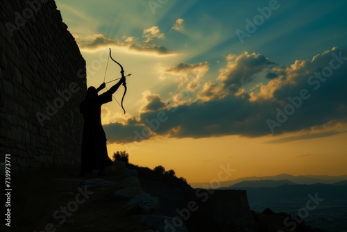 archer silhouetted against sky on fortress wall