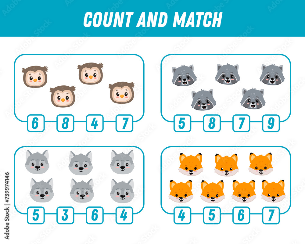 Education game for children count and match of cute cartoon owls, wolf, fox, racoon. Funny forest animals, printable worksheet.