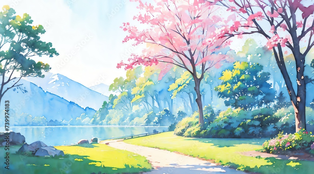 水彩画背景_日本の田舎の山河_02 水彩画背景_日本の田舎の山河_02
