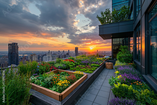 Urban Terrace Garden at Sunset