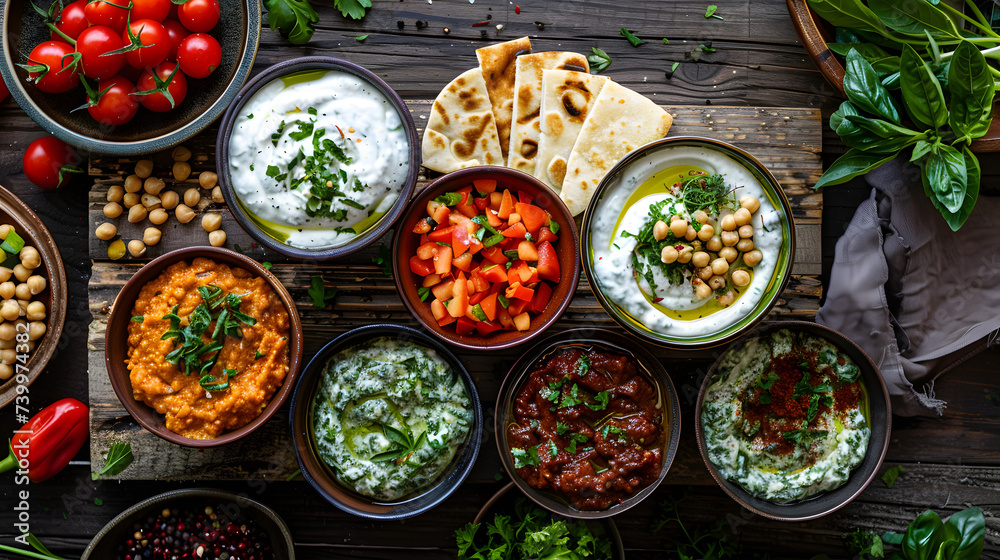 Assorted Mediterranean Dishes on a Rustic Table